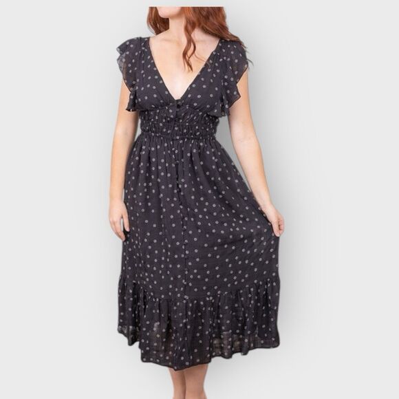 Bishop & Young Santorini Midi Dress Small Black White Floral Romantic Flutter - Picture 3 of 11